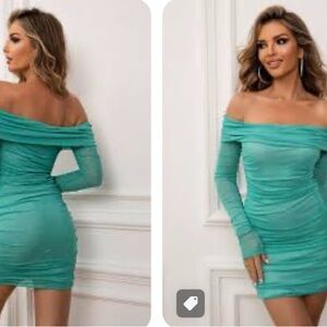 Fashion Nova Ruched Off-Shoulder Blue Bodycon Mini Dress